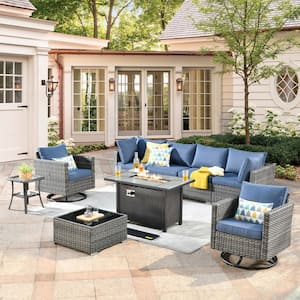 Sanibel Gray 9-Piece Wicker Outdoor Patio Conversation Sofa Sectional Set with a Metal Fire Pit and Denim Blue Cushions