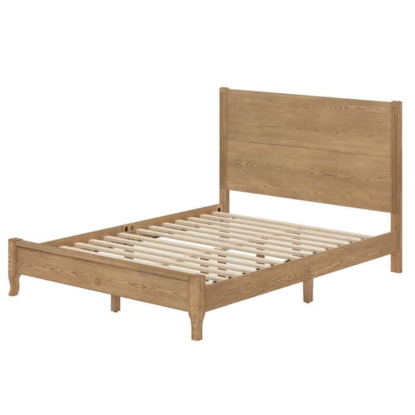 Yolo Solid Wood Light Brown Bed Frame Queen Platform Bed with Slats Support, Headboard, Easy Assembly