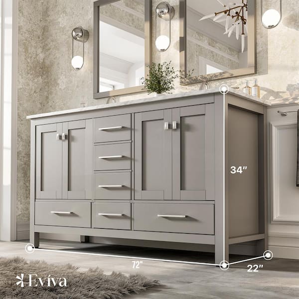 Eviva Aberdeen 72 in. W x 22 in. D x 34 in. H Double Bath Vanity in Gray with White Carrara Marble Top with White Sinks