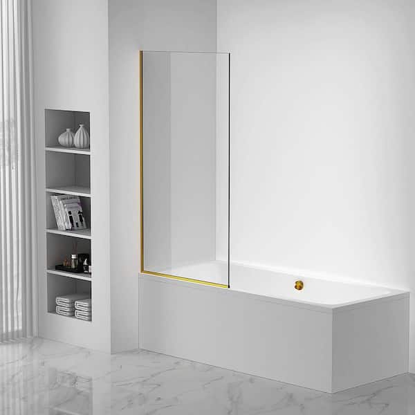 FINE FIXTURES 34.25 in. W x 58 in. H Fixed Tub Door Frameless in Brass Finish with Tempered Clear Glass