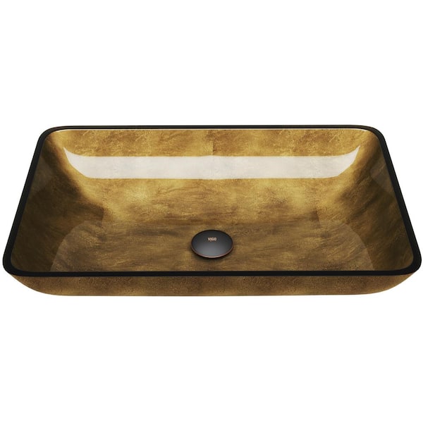VIGO Donatello Gold Glass 22 in. L x 14 in. W x 5 in. H Rectangular Vessel Bathroom Sink