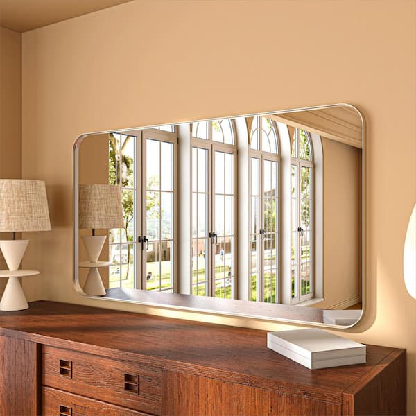 ORGANNICE 55 in. W x 30 in. H Rectangular Aluminum Framed Modern Silver Rounded Wall Mirror