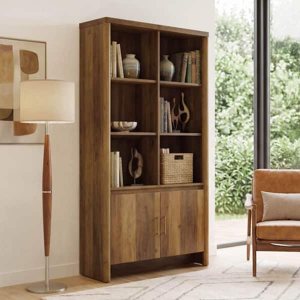 Mylo 59.3in. Tall Wood Frame with Storage, 2-Door 6-Cube Bookcase w/ Adjustable Shelves in Walnut for Living Room Office