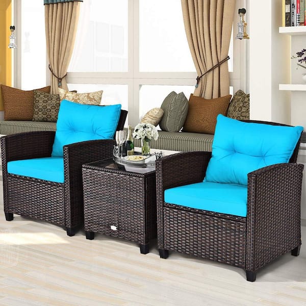 Unbranded Brown 3-Piece Wicker Patio Conversation Set with Turquoise Cushions