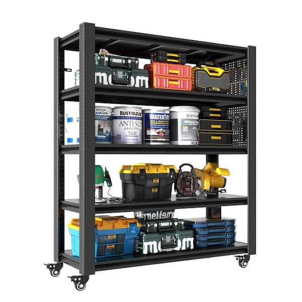 72H 5-Tier Adjustable Shelving with Pegboard and Wheel, Heavy Duty Metal Shelving Unit for Garages, Kitchens in Black