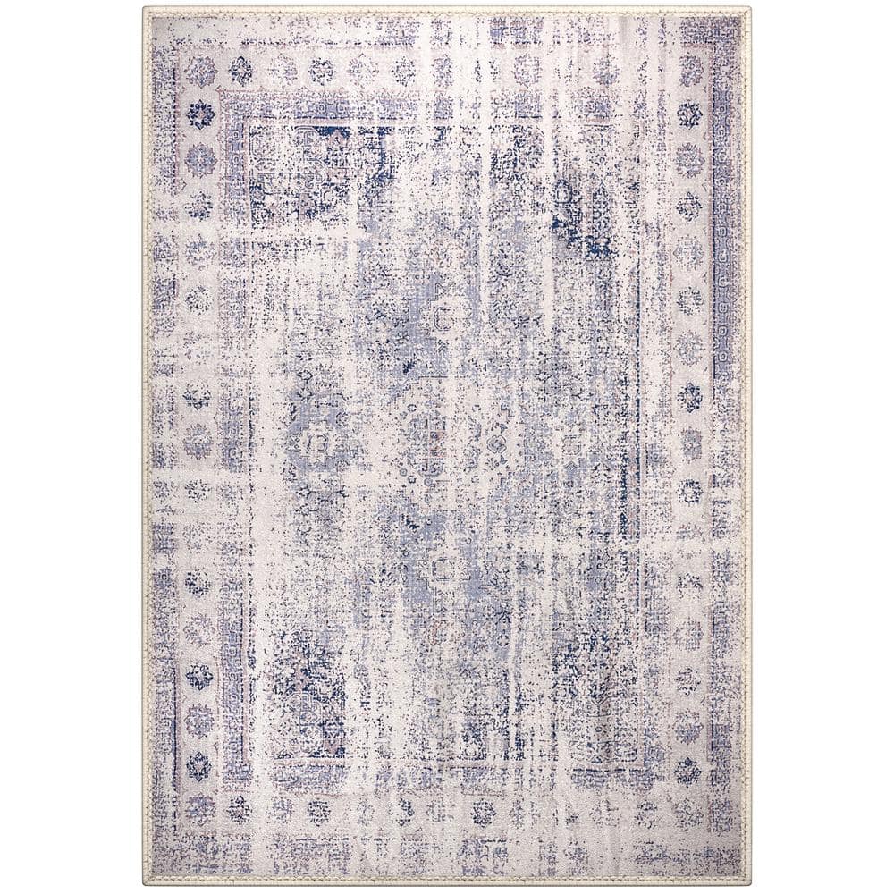 Blue 5 ft. x 7 ft. Border Area Rug Machine Washable Non-Slip Vintage Rug-Lo