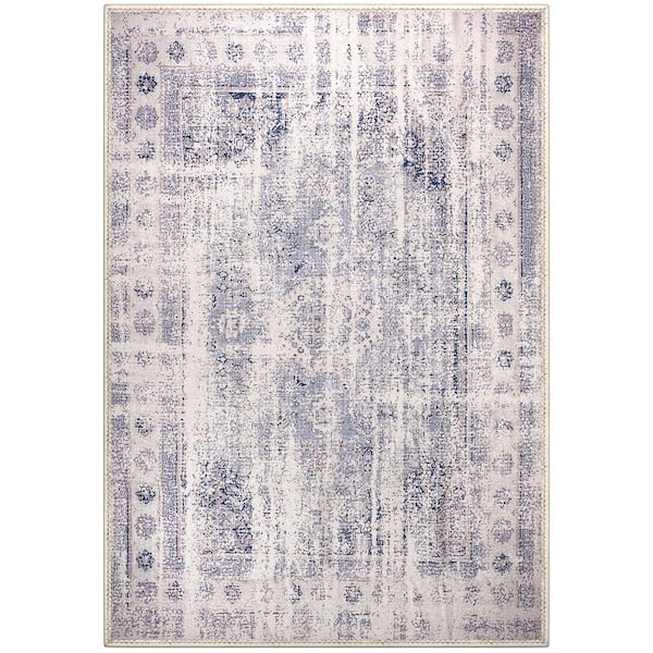 Blue 5 ft. x 7 ft. Border Area Rug Machine Washable Non-Slip Vintage Rug-Low Pile Non-Shedding Rugs with Rubber Backing