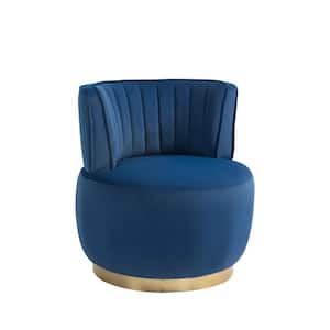 Contemporary Navy Blue Velvet Upholstered Swivel Barrel Chair