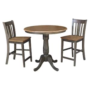 Hampton 3-Piece 36 in. Hickory/Coal Round Solid Wood Counter Height Dining Set with San Remo Stools
