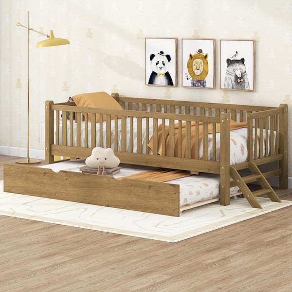 Brown Wood Frame Twin Size Platform Bed with Guardrail and Trundle