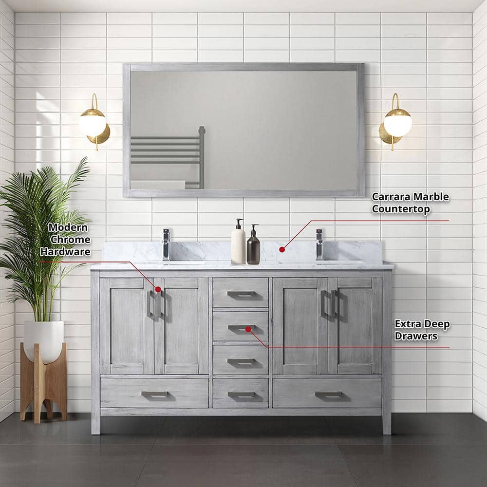 Jacques 60" Distressed Gray Solid Birch Double Bathroom Vanity with Mirror