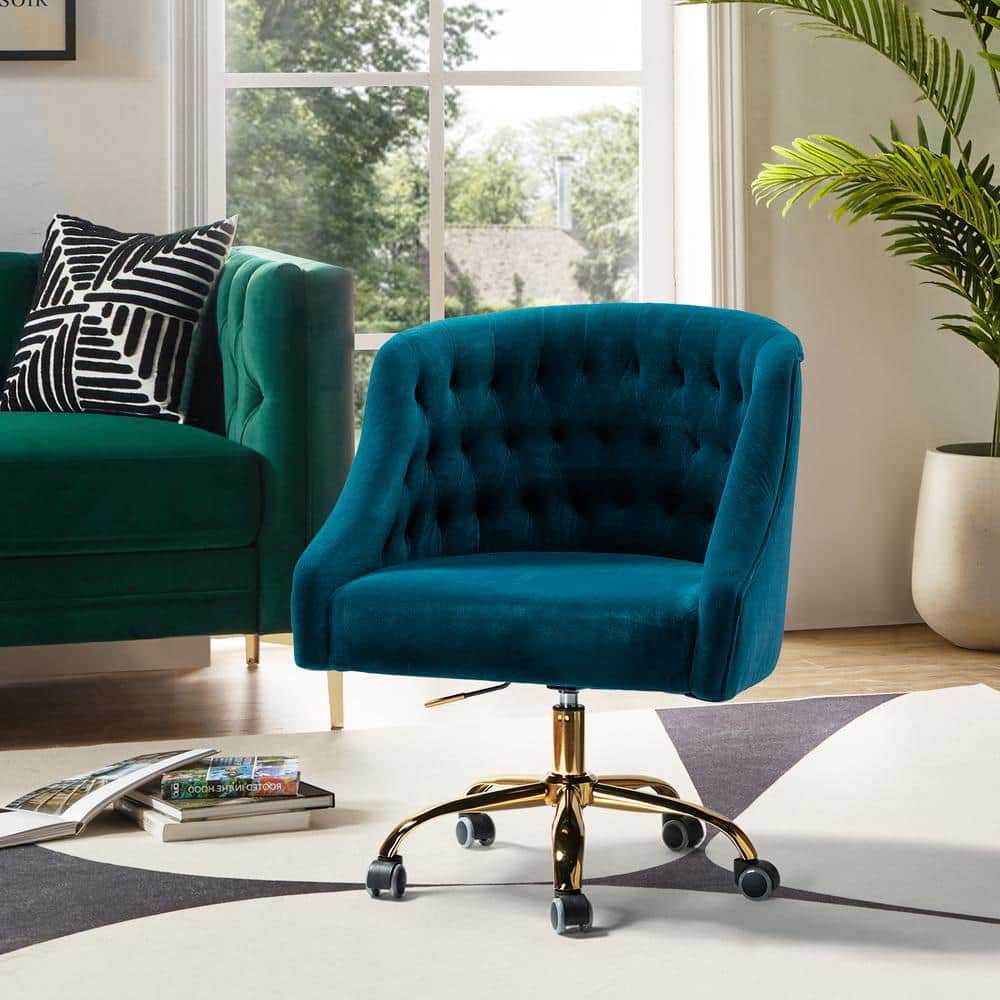 Teal Velvet Swivel Task Chair with Gold Metal Legs