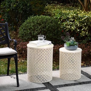 Multi-Functional Metal Cream White Garden Stool or Plant Stand or Accent Table (Set of 2)