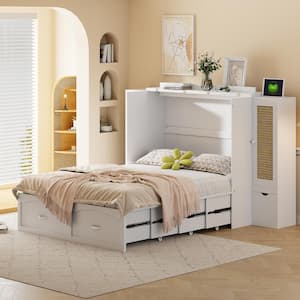 White Wood Frame Full Murphy Bed with Drawers, 2-Cabinets, Sockets and USB Ports, Pulley Structure, Rattan Decoration