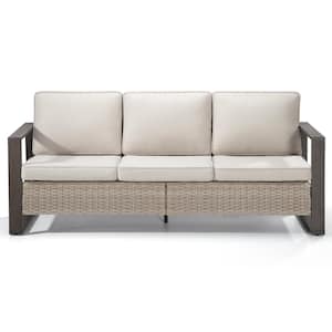 3-Seat Wicker Outdoor Patio Sofa Steel Frame Sectional Couch with Beige Cushions