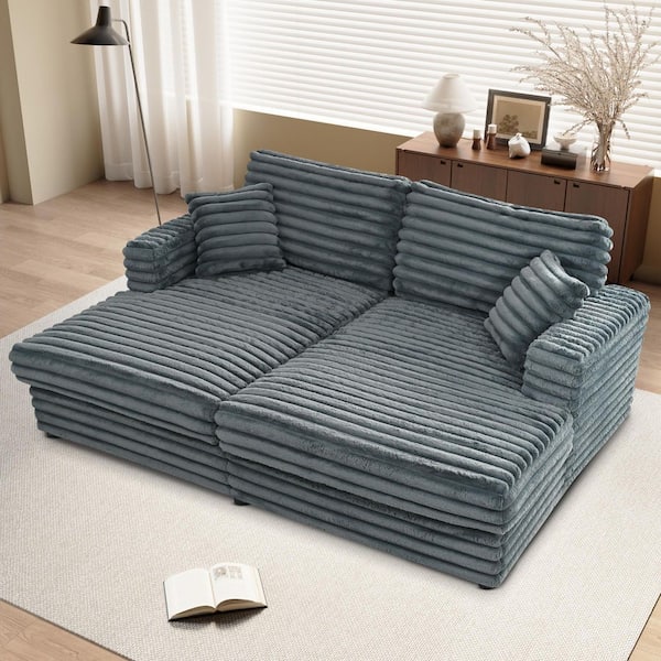 86.22 in Corduroy Fabric Sectional Sofa in Gray with 2 Pillows, Sofa Bed Napping Daybed