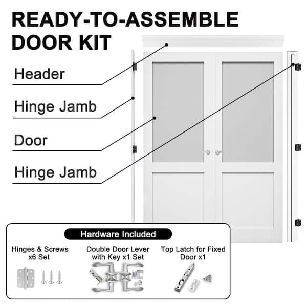36 in. x 80 in. 1/2-Lite Frosted Glass Universal White Solid Core Wood Double Prehung French Door + Quick Assemble Jamb