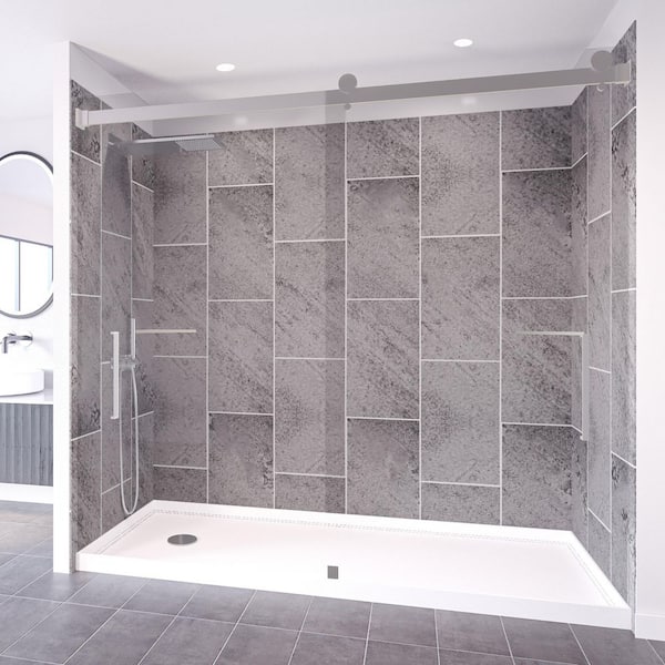 NuVo Slate Grey-Tetherow 60 in. L x 32 in. W x 83 in. H Base/Wall/Door Rectangular Alcove Shower Stall/Kit Chrome Left
