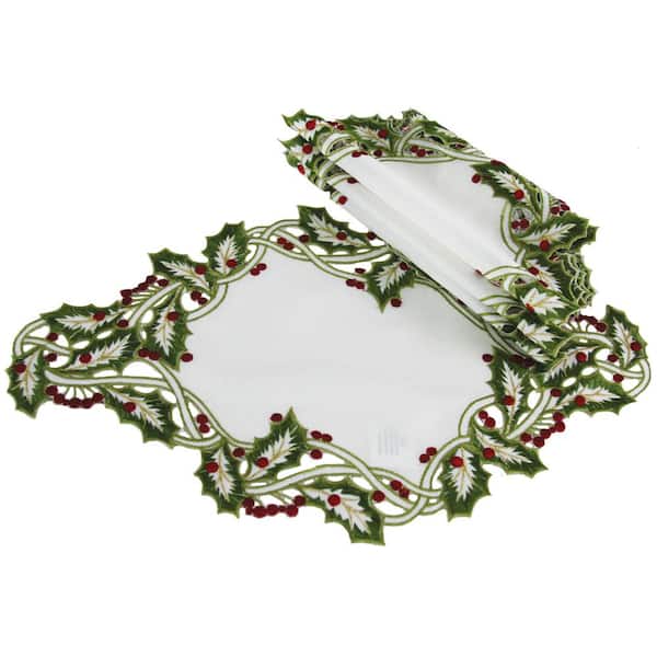 Xia Home Fashions Holiday Holly Embroidered Cutwork Christmas Doilies Green 16-Inch Round Set of 4