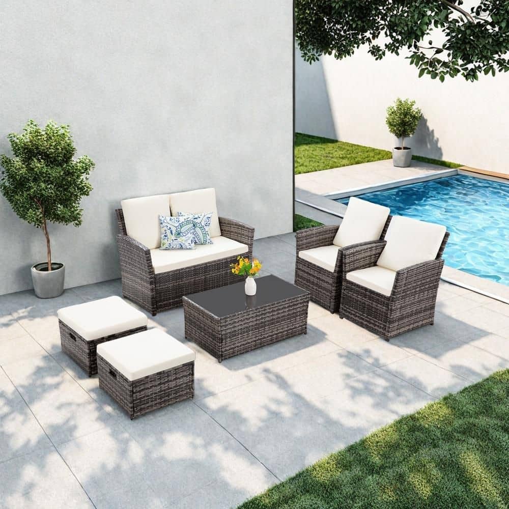 6-Piece Gray Wicker Outdoor Sectional Set with Beige Cushions Coffee Table 