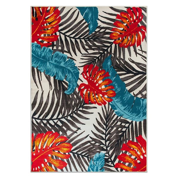 Contemporary Tropical Multi 7 ft. 10 in. x 10 ft. Floral Leaves Non Slip Area Rug