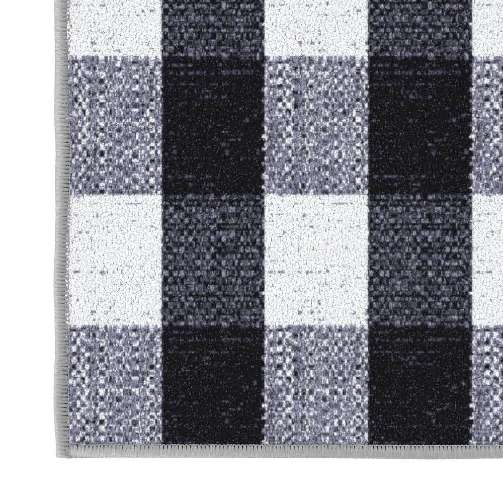 Black and White Checkered Synthetic Runner Rug, 20" x 59"