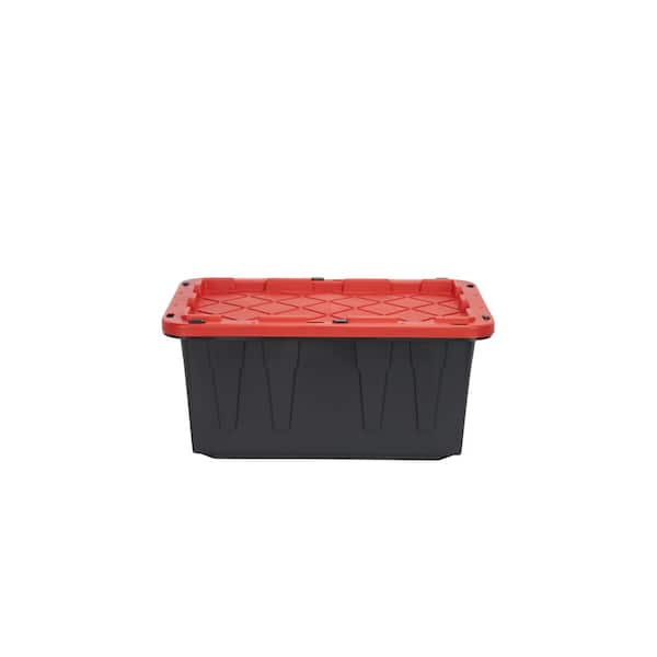 Hyper Tough 27 Gallon Stackable Snap Lid Plastic Storage Bin Container,  Black with Red Lid, Set of 4