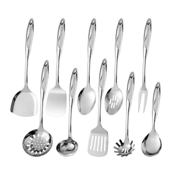 10-Piece Silver 304-Stainless Steel Mirror Polished Kitchen Utensil Set with Crock Dishwasher Safe Accessory Set