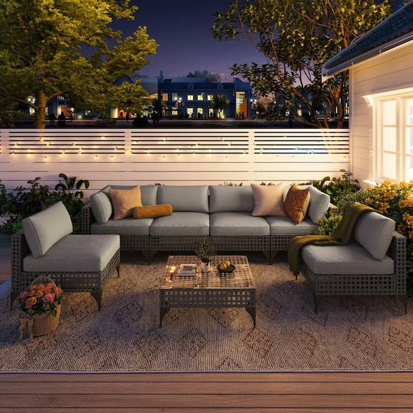 Tenleaf 7-Piece Gray Wicker Patio Conversation Set with Gray Cushions