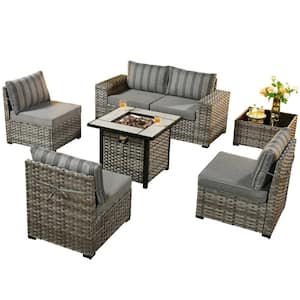 Metis 7-Piece Wicker Outdoor Patio Fire Pit Conversation Sectional Sofa Set and with Striped Gray Cushions
