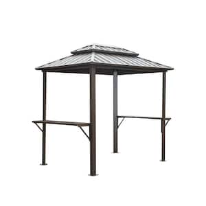 8 ft. x 6 ft. Outdoor Brown Metal Hardtop Gazebo with Permanent Double Roof with Shelves Serving Tables