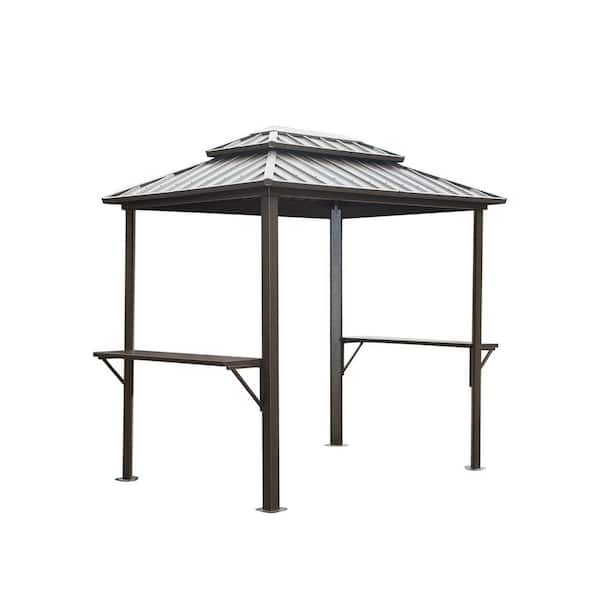 8 ft. x 6 ft. Outdoor Brown Metal Hardtop Gazebo with Permanent Double Roof with Shelves Serving Tables
