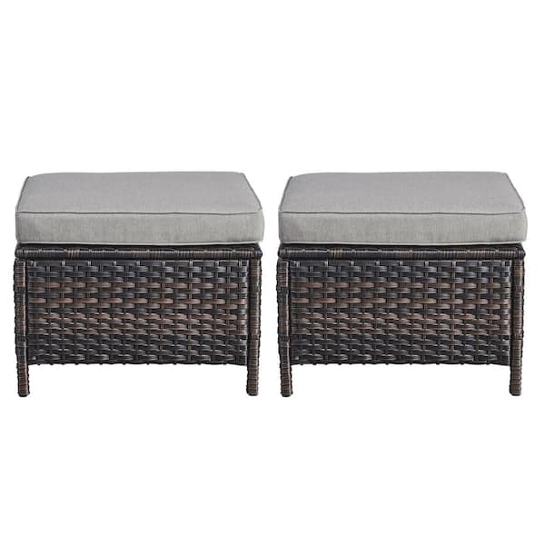 2-Pack Wicker Outdoor Ottoman Steel Frame Footstool with Removable Cushions Brown/Gray