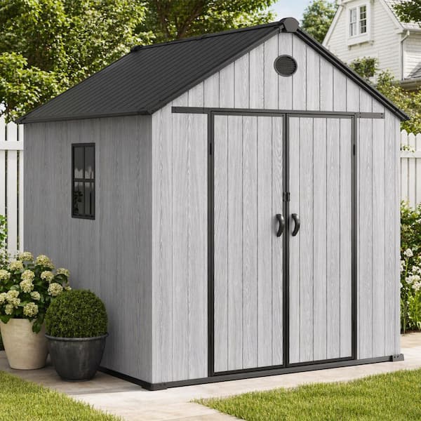 7.4 ft. W x 7.4 ft. D All-Weather Wood-Grain Resin Outdoor Plastic Storage Shed with Floor and Window (54 sq. ft. )