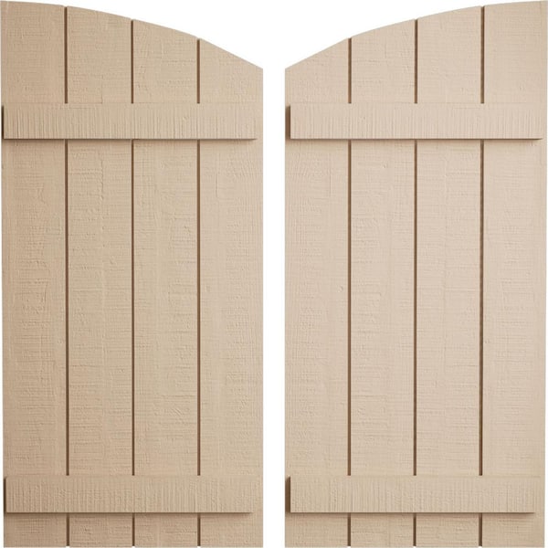 Ekena Millwork 22 in x 24 in Polyurethane Rough Cedar Four Board Joined Board-n-Batten Elliptical Top Faux Wood Shutters Primed Tan