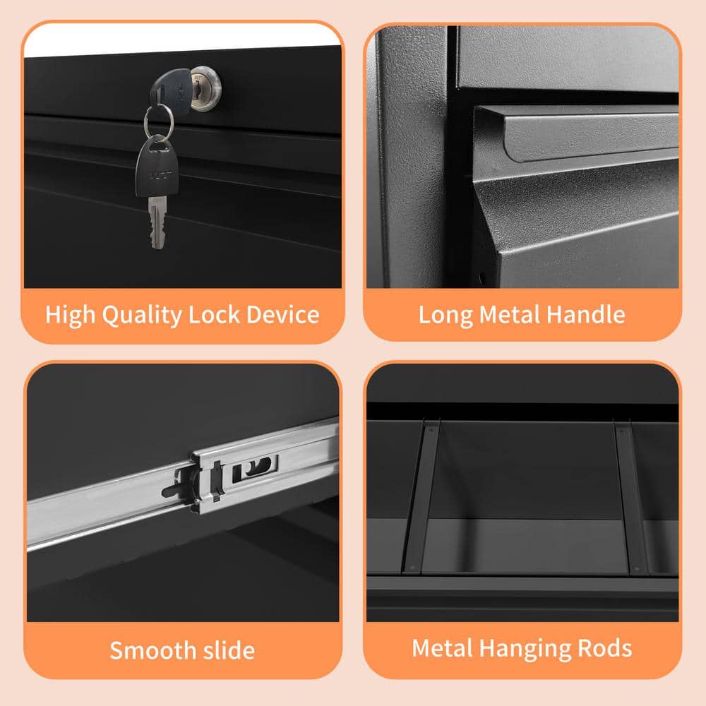 Black Metal 3-Drawer Lockable Lateral File Cabinet