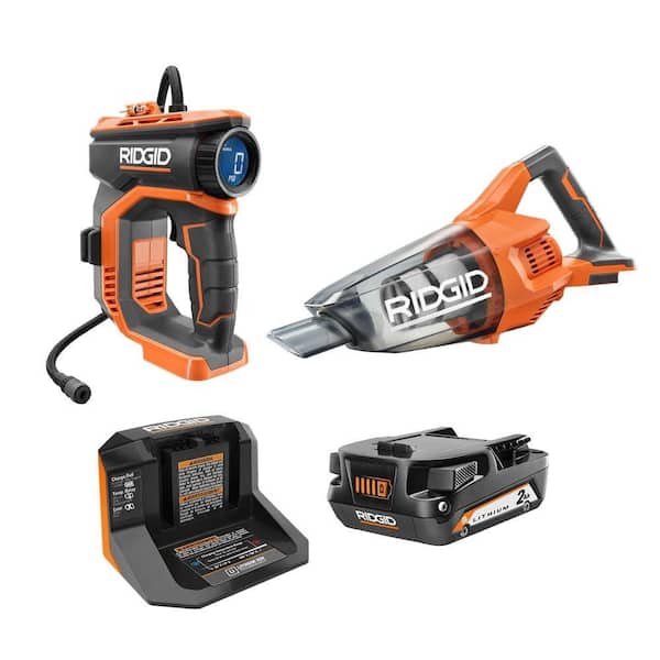RIDGID 18V Cordless High Pressure Inflator Kit with 2.0 Ah Battery, Charger, and Compact Hand Vacuum