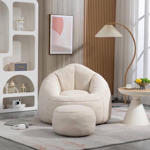 ●ONE BRILLIANT● FunOB441Ivory Fun-OB441-Ivory JUJABU Beige Microfiber Bean Bag Chair with Ottoman and
