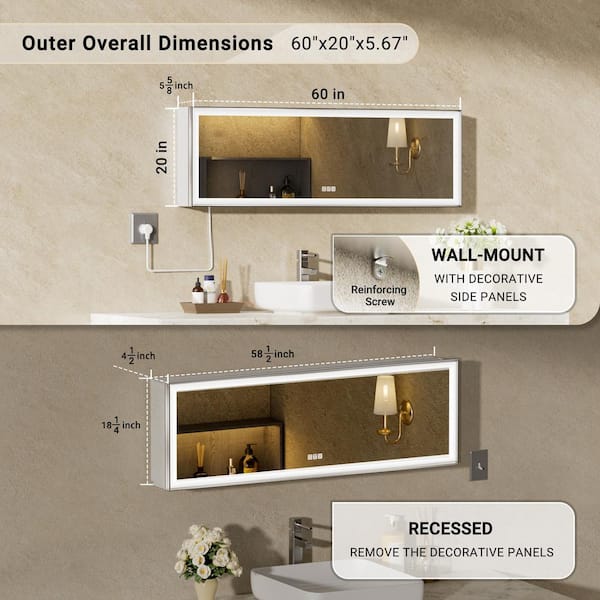 Nova 60 in. W x 20 in. H Rectangular Aluminum Recessed/Wall Mount Dimmable Fogless Lighted Medicine Cabinet with Mirror