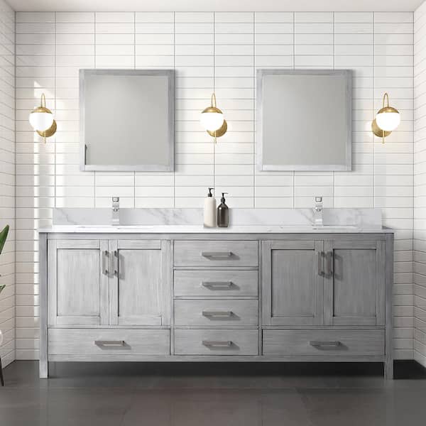 Lexora Jacques 80 in. W x 22 in. D Distressed Grey Double Bath Vanity, Carrara Marble Top, Faucet Set, and 30 in. Mirrors