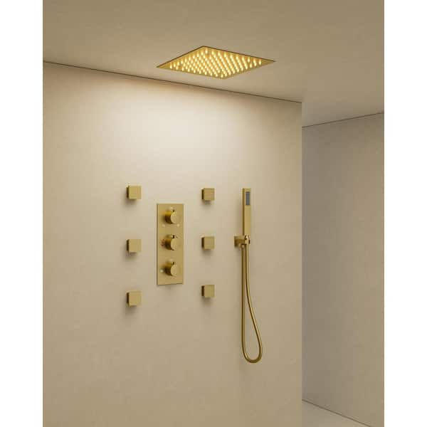 YAWWALK Thermostatic 5-Spray Patterns 12 in. LED Mood Lighting Shower Faucet with 6-Jets in Brushed Gold (Valve Included)