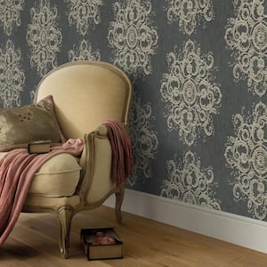 ELLE Decoration Collection Dark Grey/Gold Baroque Damask Vinly on Non-Woven Non-Pasted Wallpaper Roll (Covers 57 sq.ft.)