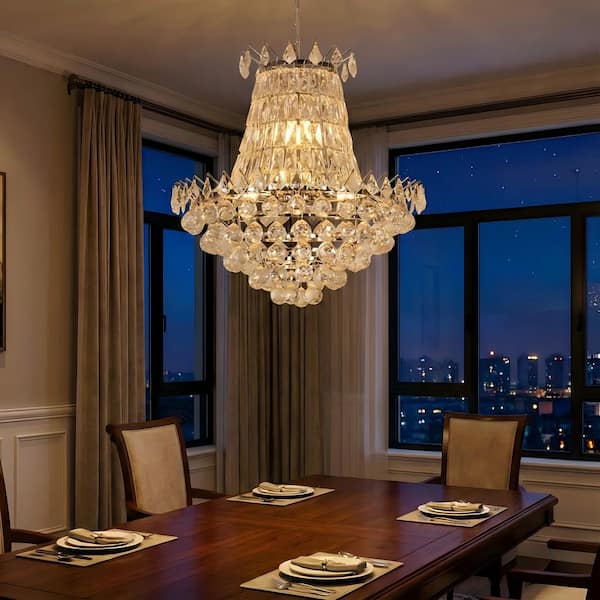 9-Light 23.6 in. Chrome Crystal Modern Tiered Dimmable Chandeliers Dining Kitchen Ceiling Lights Foyer Bedroom Lighting