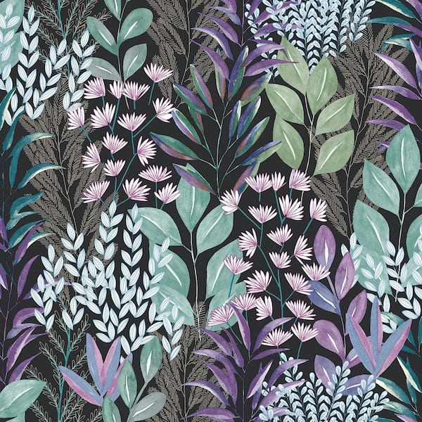 Serene Meadow Green and Purple on Black Ground Wallpaper Sample