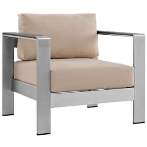 Shore Patio Aluminum Outdoor Lounge Chair in Silver with Beige Cushions