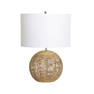 Dana 25 in. Natural Brown Classic Hardwired LED Round Rattan Table Lamp with Classic White Linen Shade