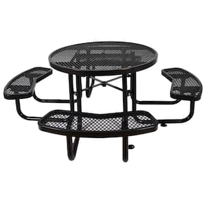 85.00 in. Black Round Carbon Steel Picnic Table with Umbrella Hole