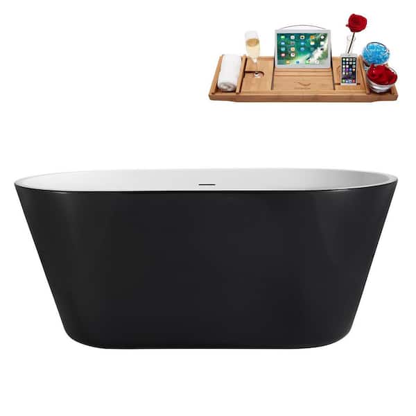 54 in. x 29 in. Acrylic Freestanding Soaking Bathtub in Glossy Black with Matte Black Drain