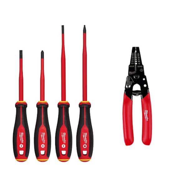 1000V Insulated Slim Tip Screwdriver Set with 10-24 AWG Compact Dipped Grip Wire Stripper and Cutter (5-Piece)
