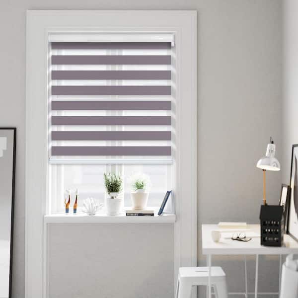 Cut-to-Size Dark Plum Cordless Light Filtering Dual Layer Privacy Polyester Zebra Roller Shade 39.5 in. W x 72 in. L